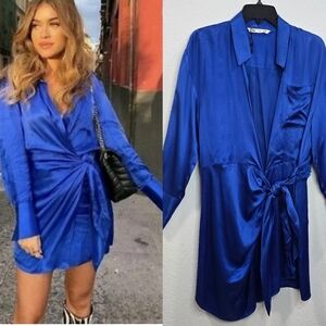 Zara Blue Satin Wrap  Mini Long Sleeves  V-neck Elegant Satin Dress Size L.